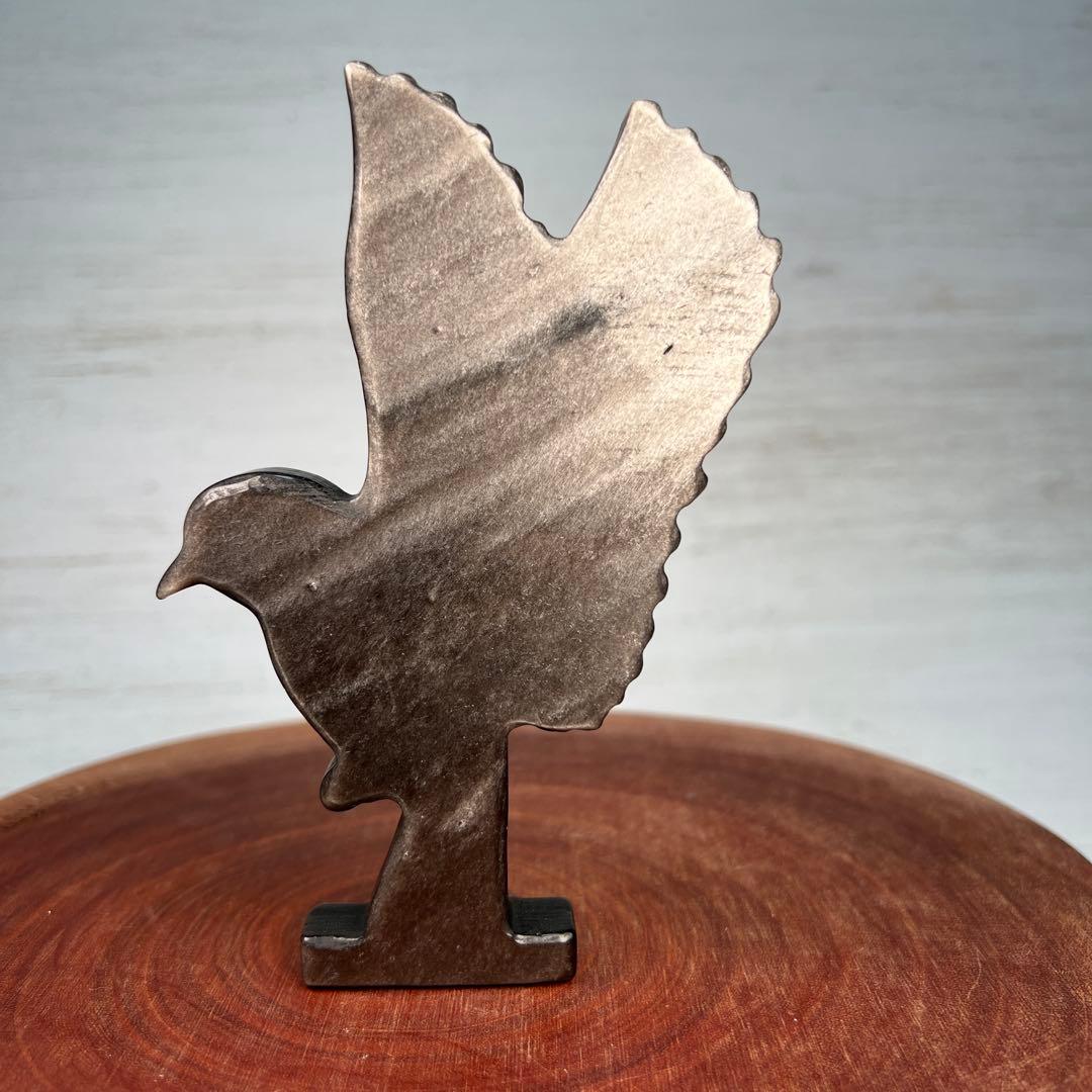 天然石　羽ばたく鳥　シルバーオブシディアン　14cm ミネラルタッグ付き