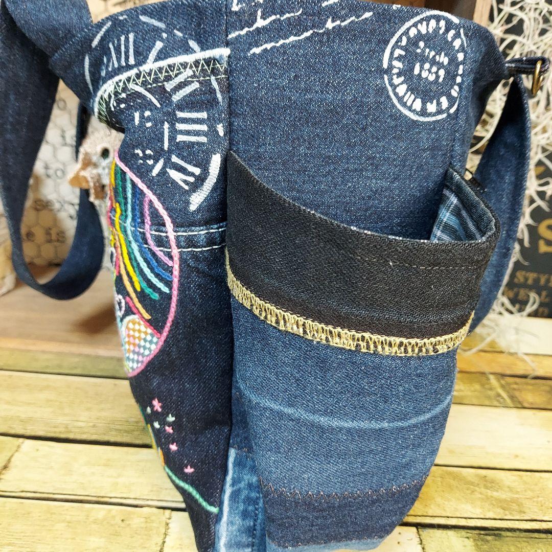 刺繍デニムバックNo.682　デニムリメイク　チューリップバック　サイドポケット