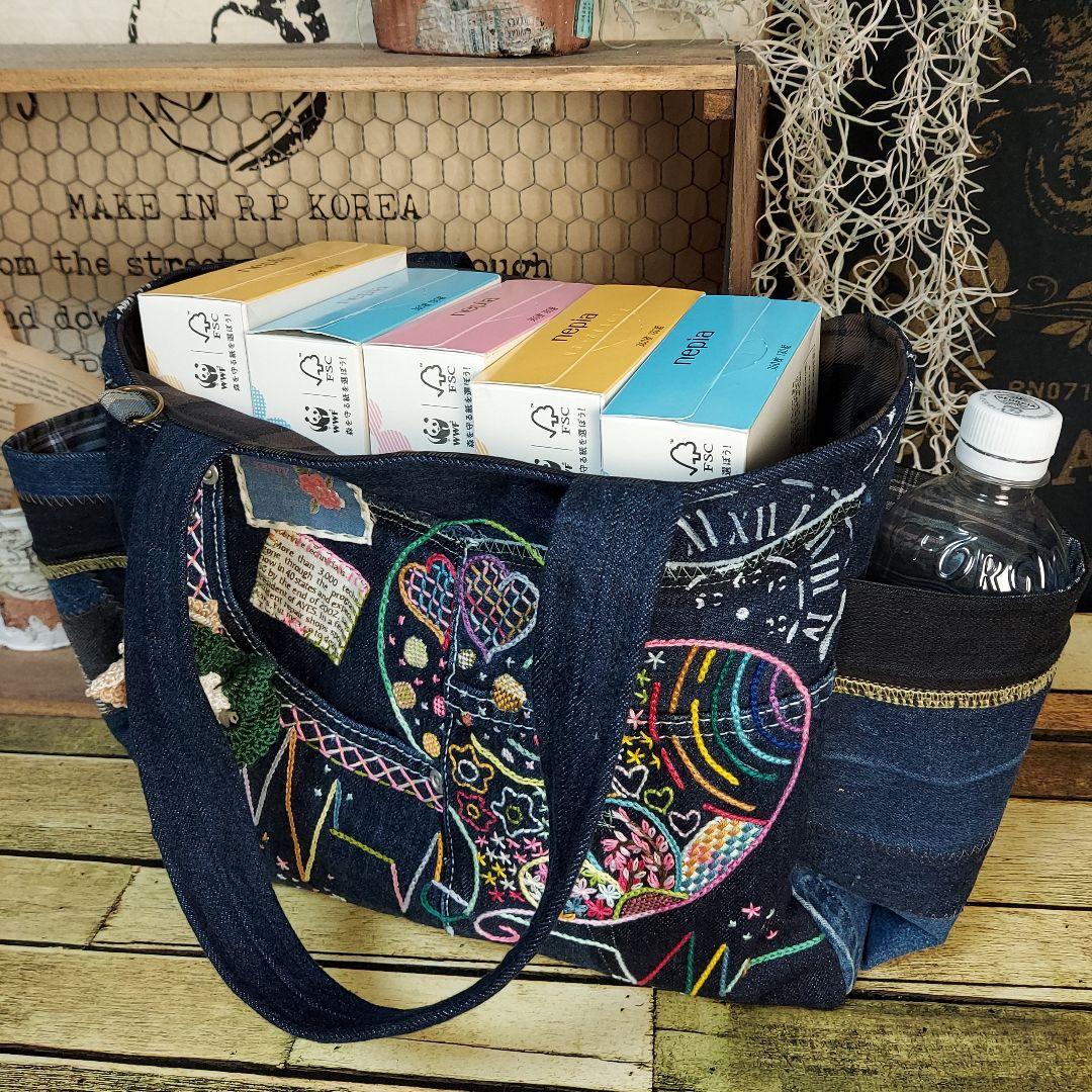 刺繍デニムバックNo.682　デニムリメイク　チューリップバック　サイドポケット