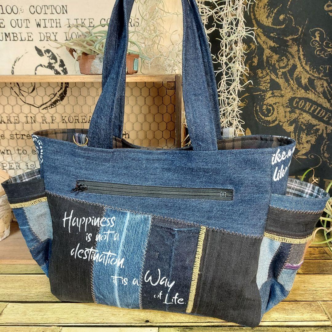 刺繍デニムバックNo.682　デニムリメイク　チューリップバック　サイドポケット