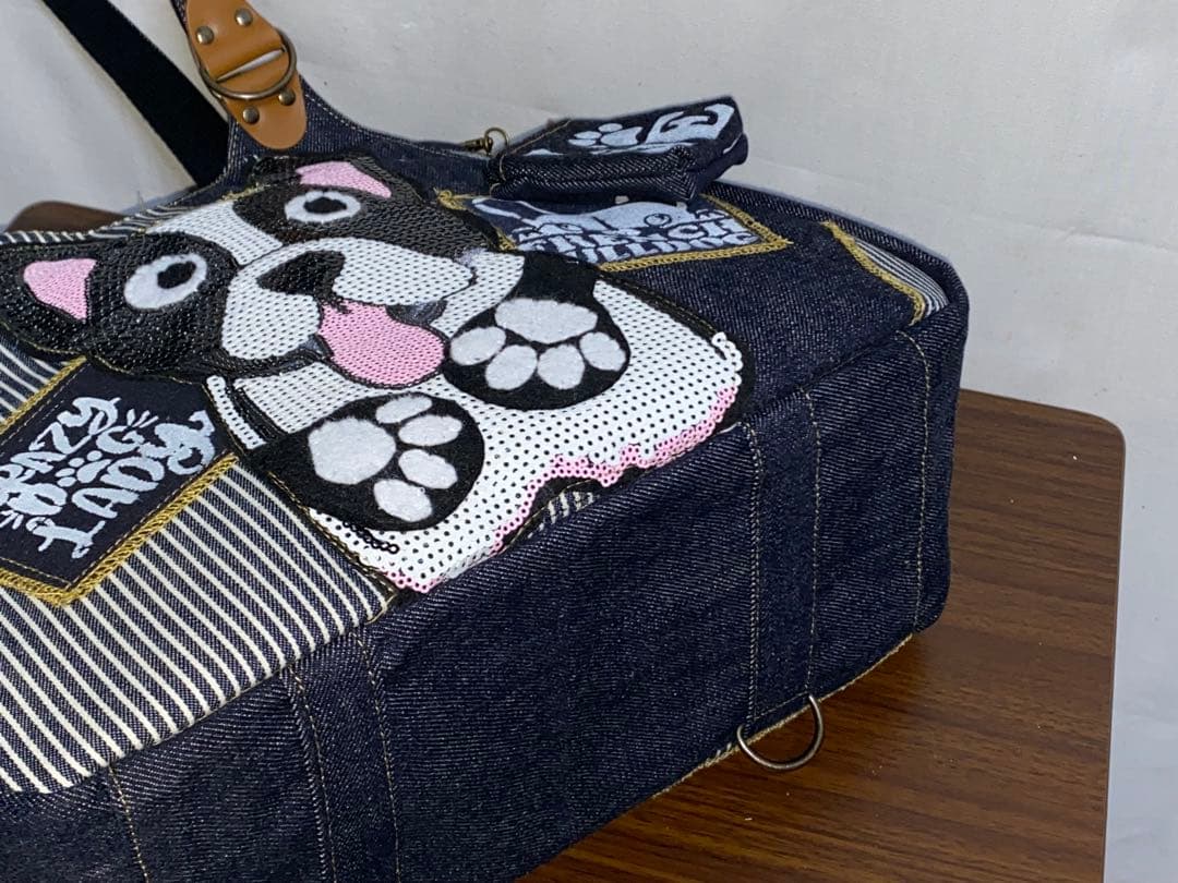 ☆岡山デニム☆スパンコール☆ワッペン☆フレンチブルドッグ☆4wayあおりバッグ