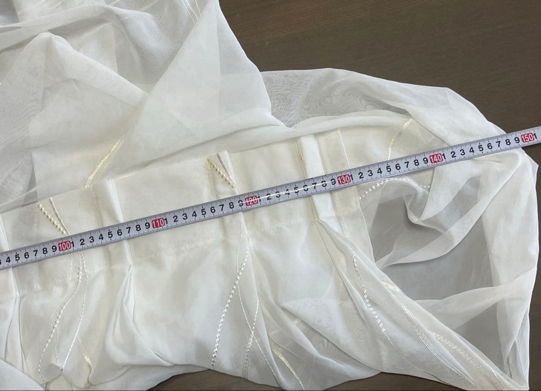 刺繍された波模様の白い薄手のカーテン, 3枚セット