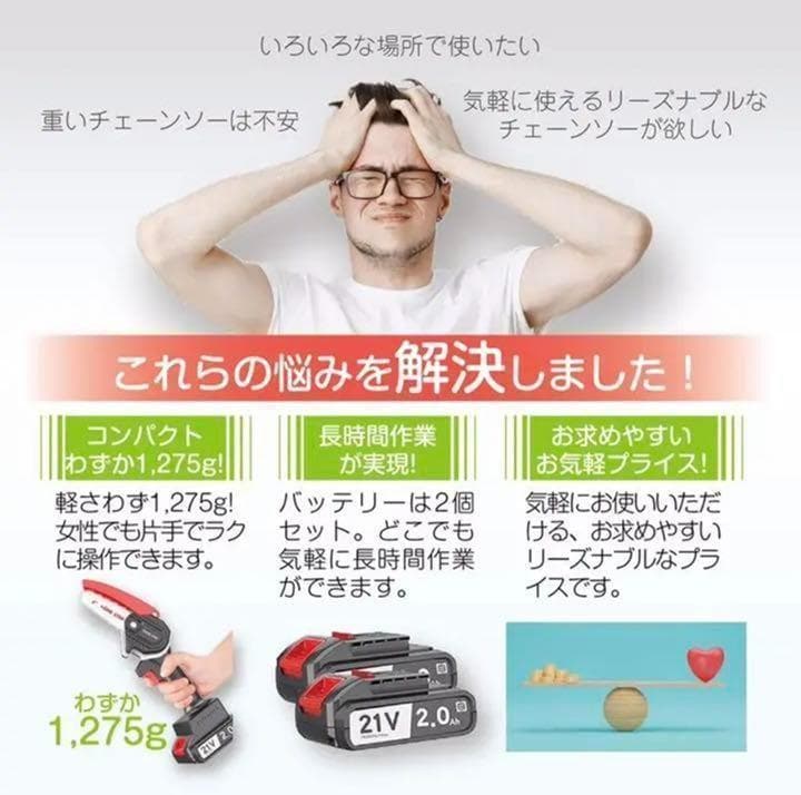 充電式チェーンソー 電動チェーンソー ミニチェンソー 21V 片手軽量 木工切断