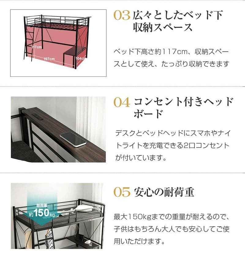 人気再入荷！ロフトベッド（S）コンセント・ローデスク付き耐荷重150kgブラック