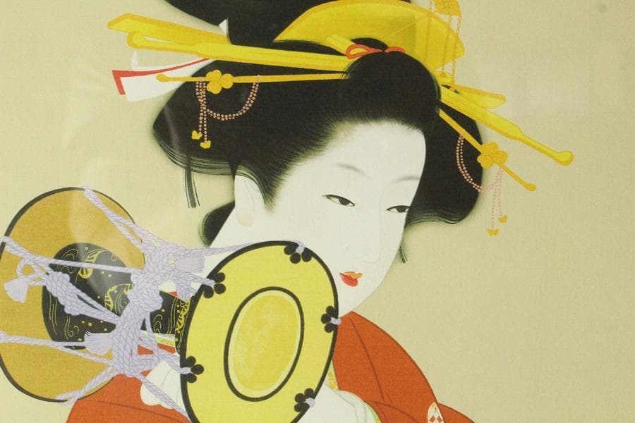 上村松園「鼓の音」シルクスクリーン 271/300 額装(K-YC666)