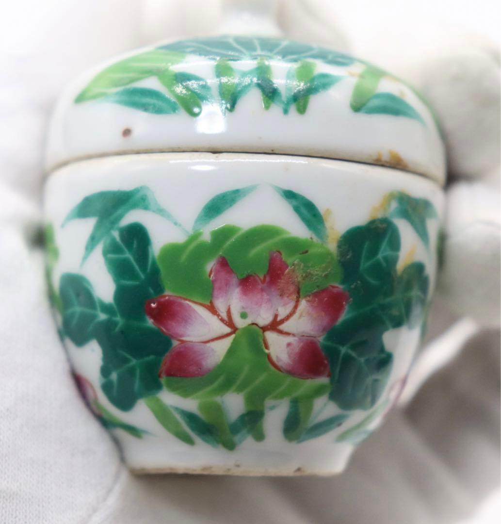 中国　清時代　粉彩蓋物　花中君子　茶入　送料込み1008