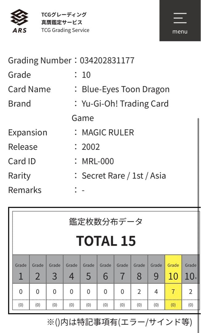 D*o様 【ARS鑑定10】ブルーアイズ トゥーンドラゴン　旧アジア　シークレッ