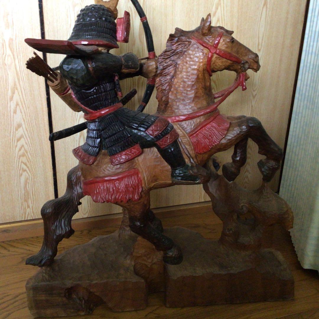 木彫り　武将　武士　武者　侍　置物　特大　希少　オイルステイン　彫刻　骨董