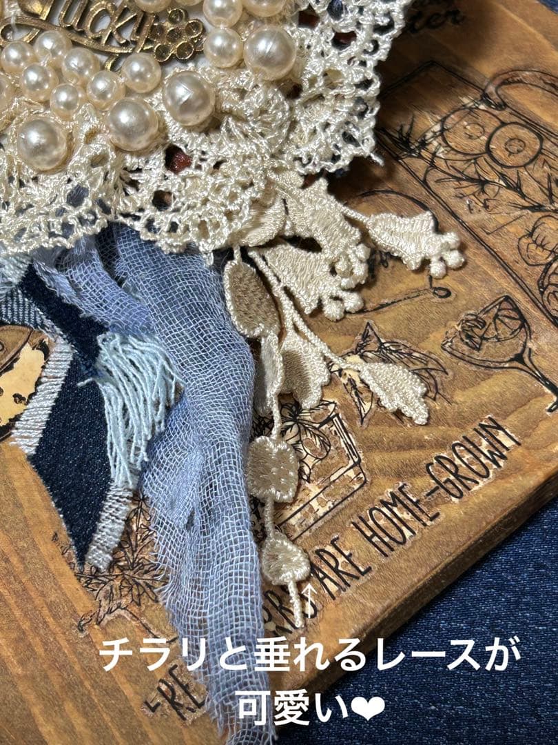 ヘアクリップ　レース裂き布ガーゼデニム　No.577