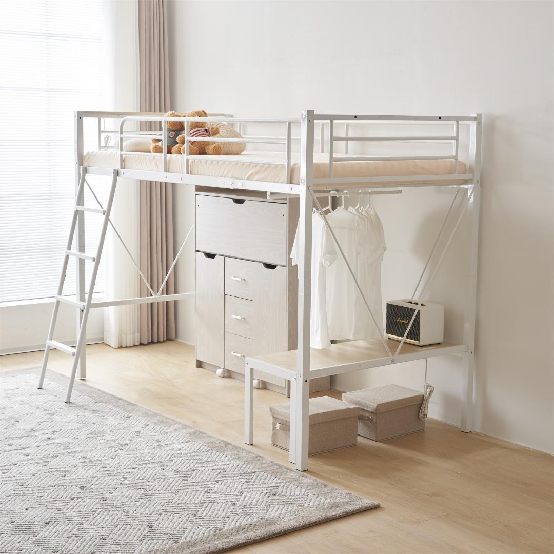 ロフトベッド シングル コンセント付き子供部屋 スチール 耐震　WHITE