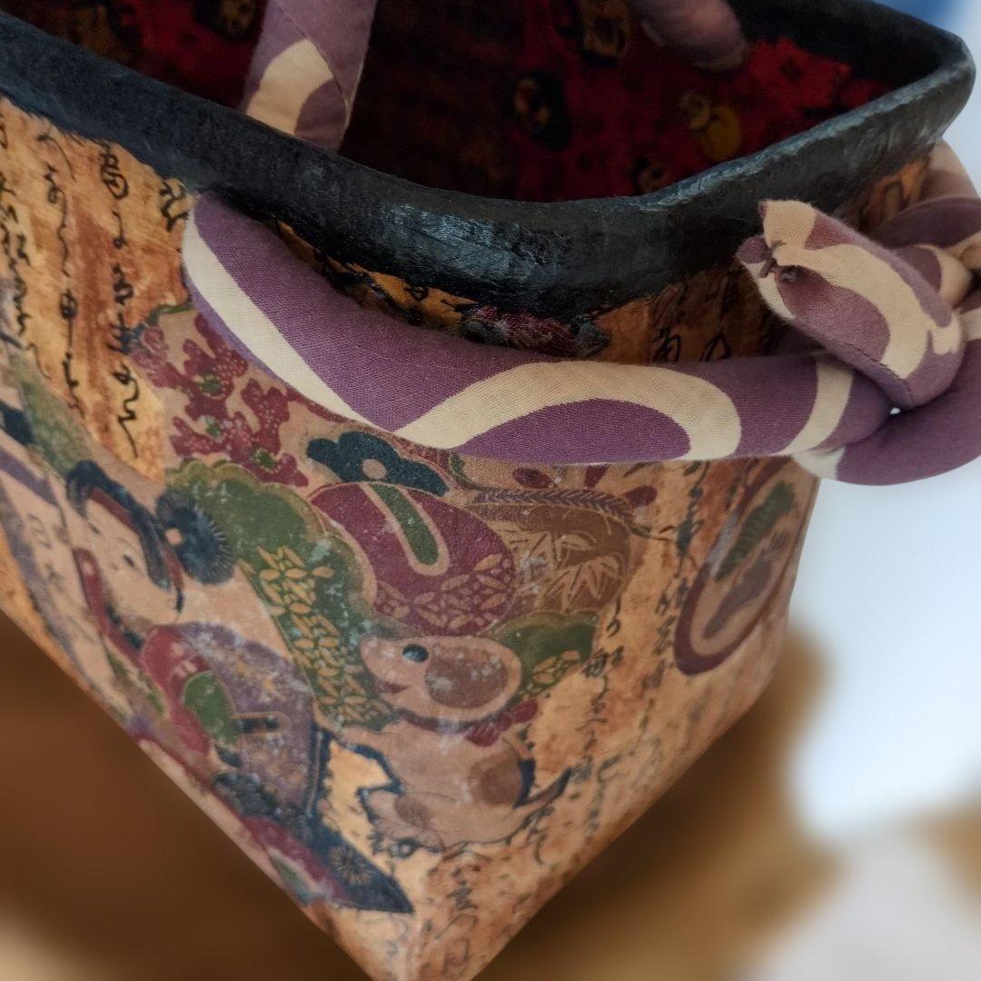 一閑張り かごバッグ 古布 ハンドメイド