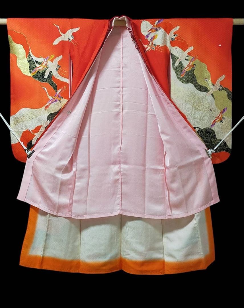 □七五三　正絹女児振り袖着物　襦袢半衿付　鶴