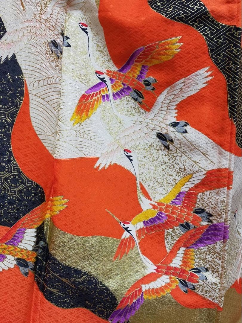 □七五三　正絹女児振り袖着物　襦袢半衿付　鶴