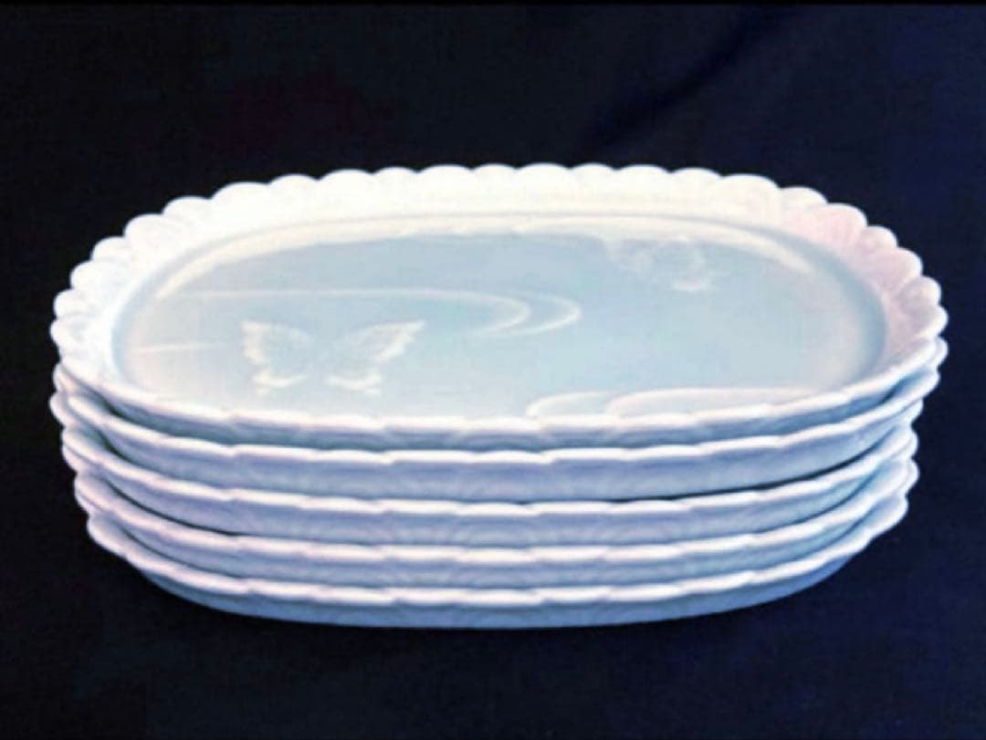 【超希少‼️美品】有田焼　藤巻窯　青白磁　青白瓷　楕円型皿5客揃　横幅約22 ㎝