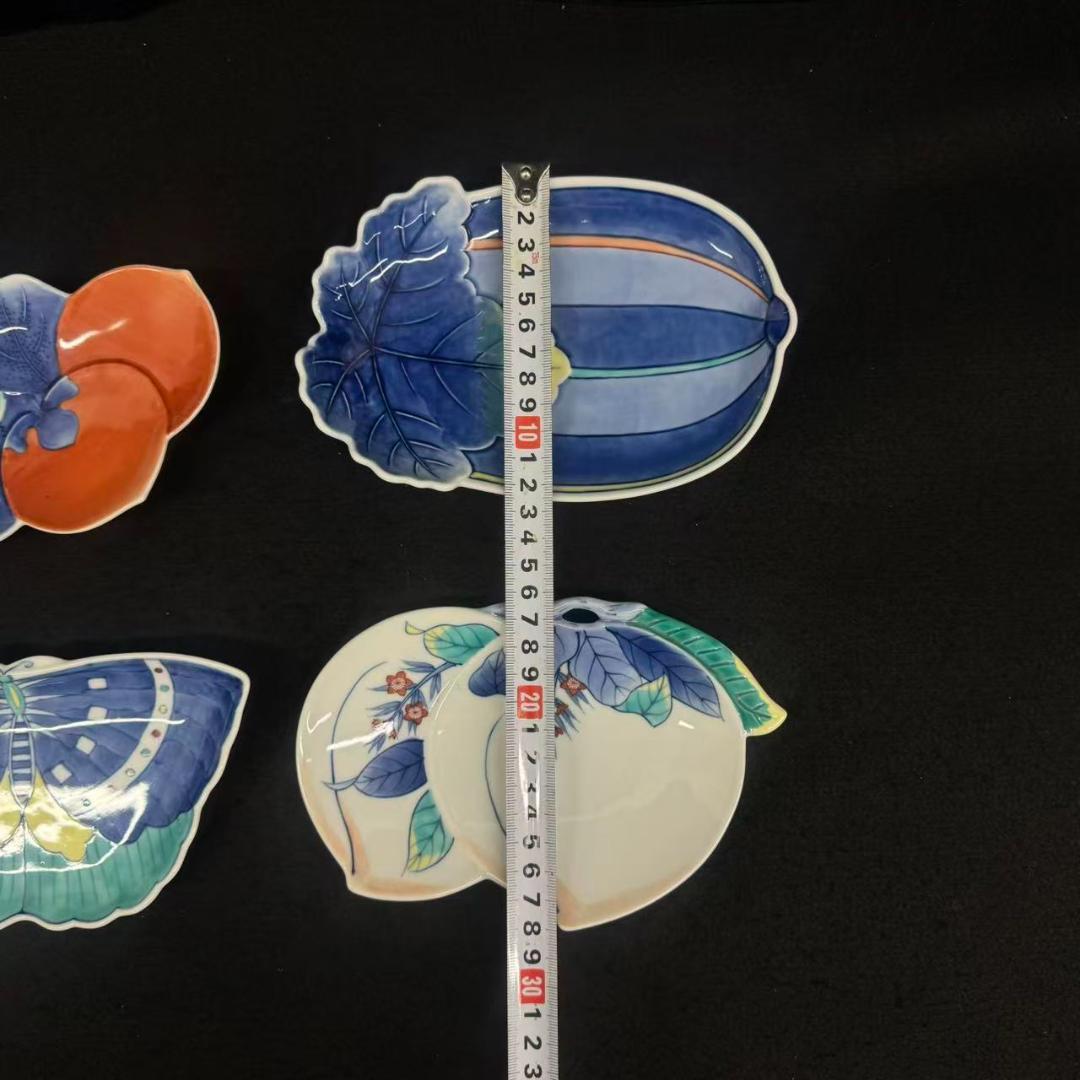 年末値下げ！鍋島 染付 畑萬陶苑 伊万里焼鍋島焼　4枚 瓜型銘蝶型 柿型 桃皿