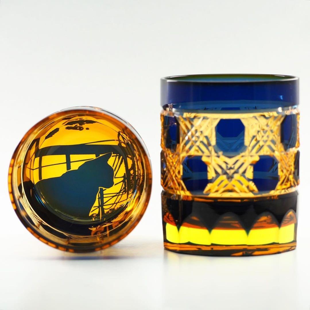 夕焼け猫　八角籠目　猫切子　切子　可夜硝子