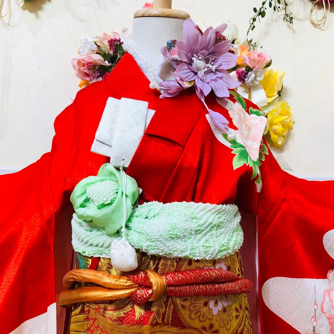 豪華正絹7歳完全フルセット⭐︎人気赤地菊金糸刺繍⭐︎✨梅花金彩煌びやか逸品