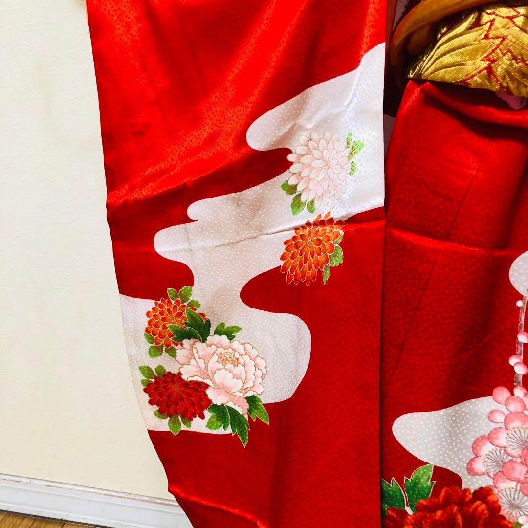 豪華正絹7歳完全フルセット⭐︎人気赤地菊金糸刺繍⭐︎✨梅花金彩煌びやか逸品