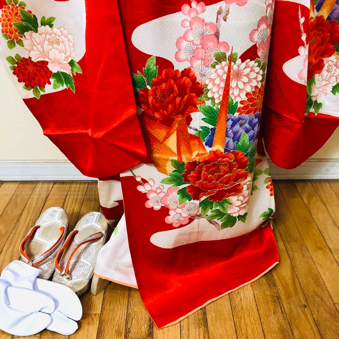 豪華正絹7歳完全フルセット⭐︎人気赤地菊金糸刺繍⭐︎✨梅花金彩煌びやか逸品