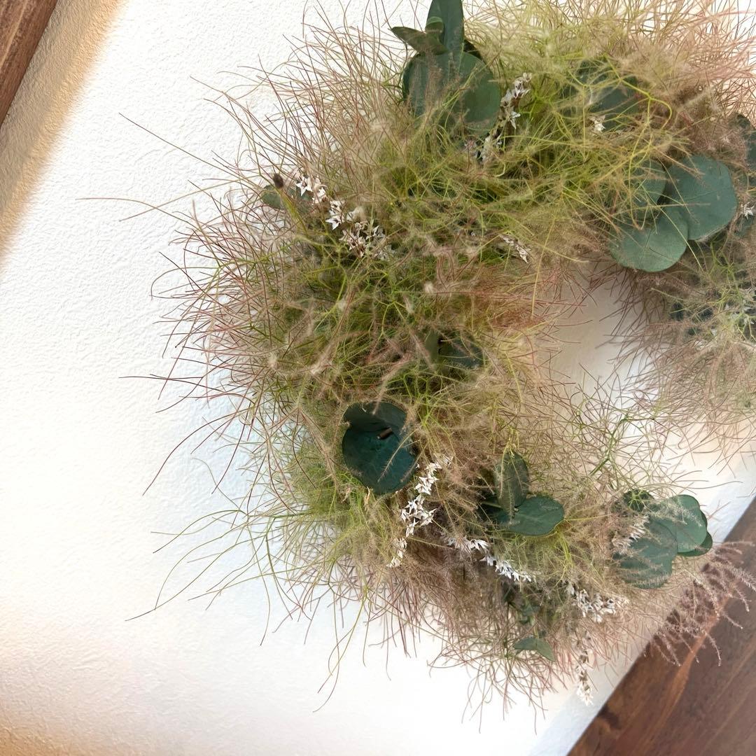 【SALE】ふわふわ スモークツリー 三日月リース くすみカラー ラッピング無料