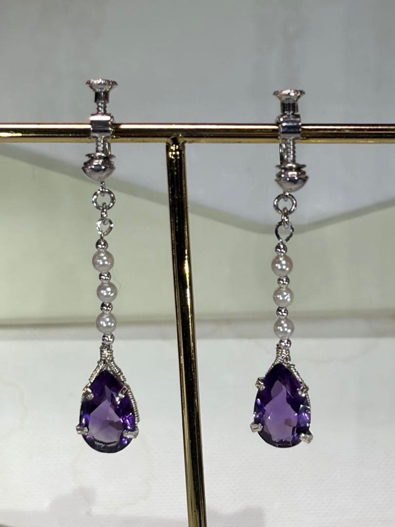 大粒アメジスト　アコヤパール　イアリング/ピアス　ワイヤージュエリー