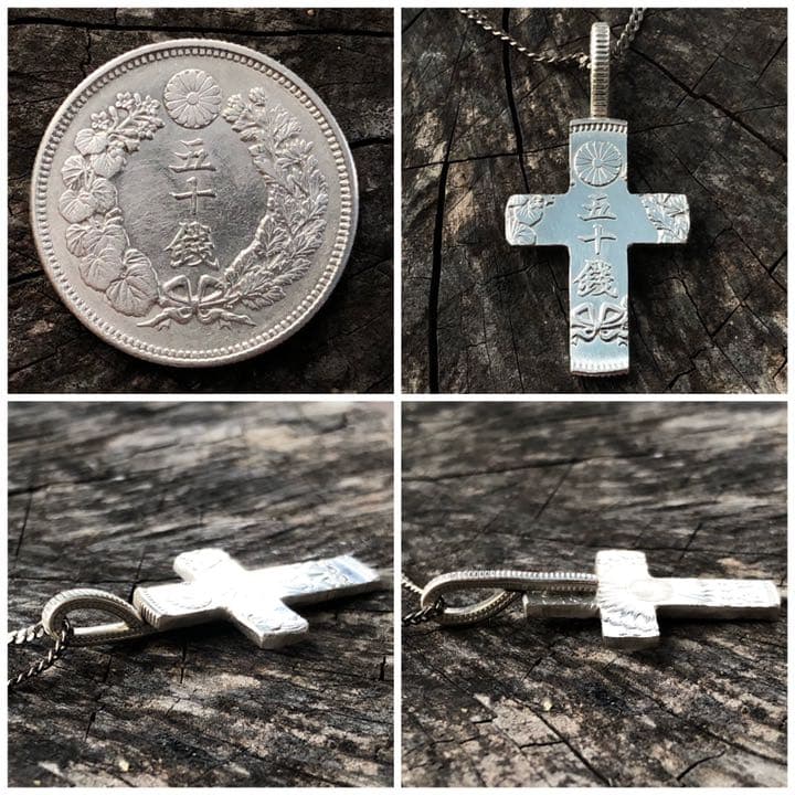 日本 銀貨 五十銭 カットペアネックレス　十字架デザイン ブランド ReD
