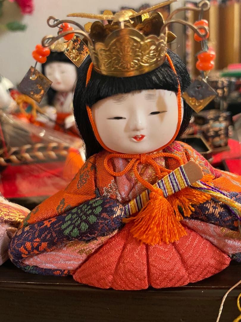 レトロ　アンティーク木目込十五人飾り　コンパクトサイズ雛人形　清峯作