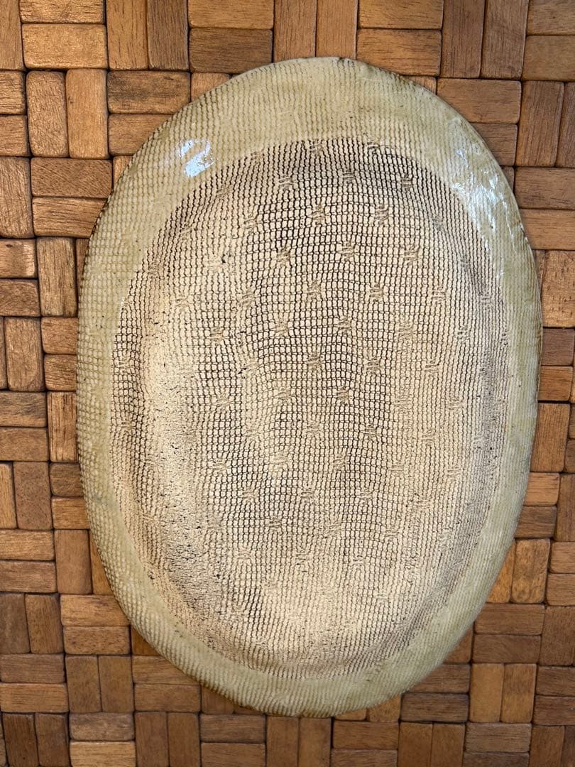 本田あつみ　　ダークブルー 陶器皿 楕円形 花模様