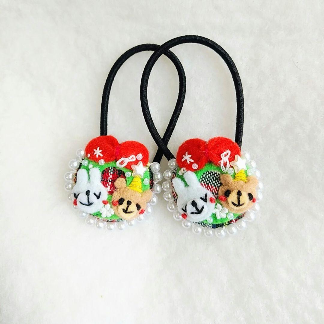 クリスマスリース3センチくるみボタンヘアゴム2点セット