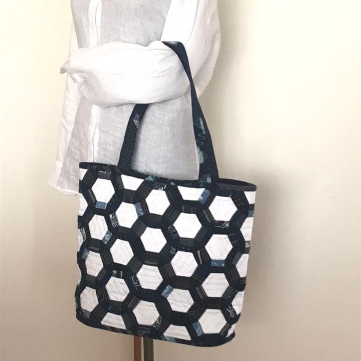 ハンドメイド　パッチワーク　リメイク　トートバッグ　古布　絣　藍染
