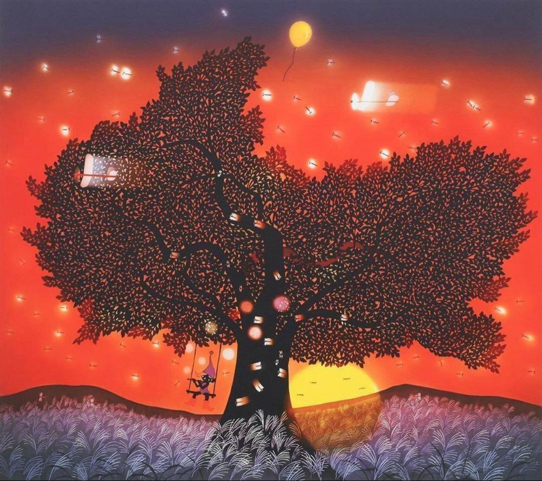 【真作】藤城清治「夕日の樹」リトグラフ 約6号 証明書付 証明シール