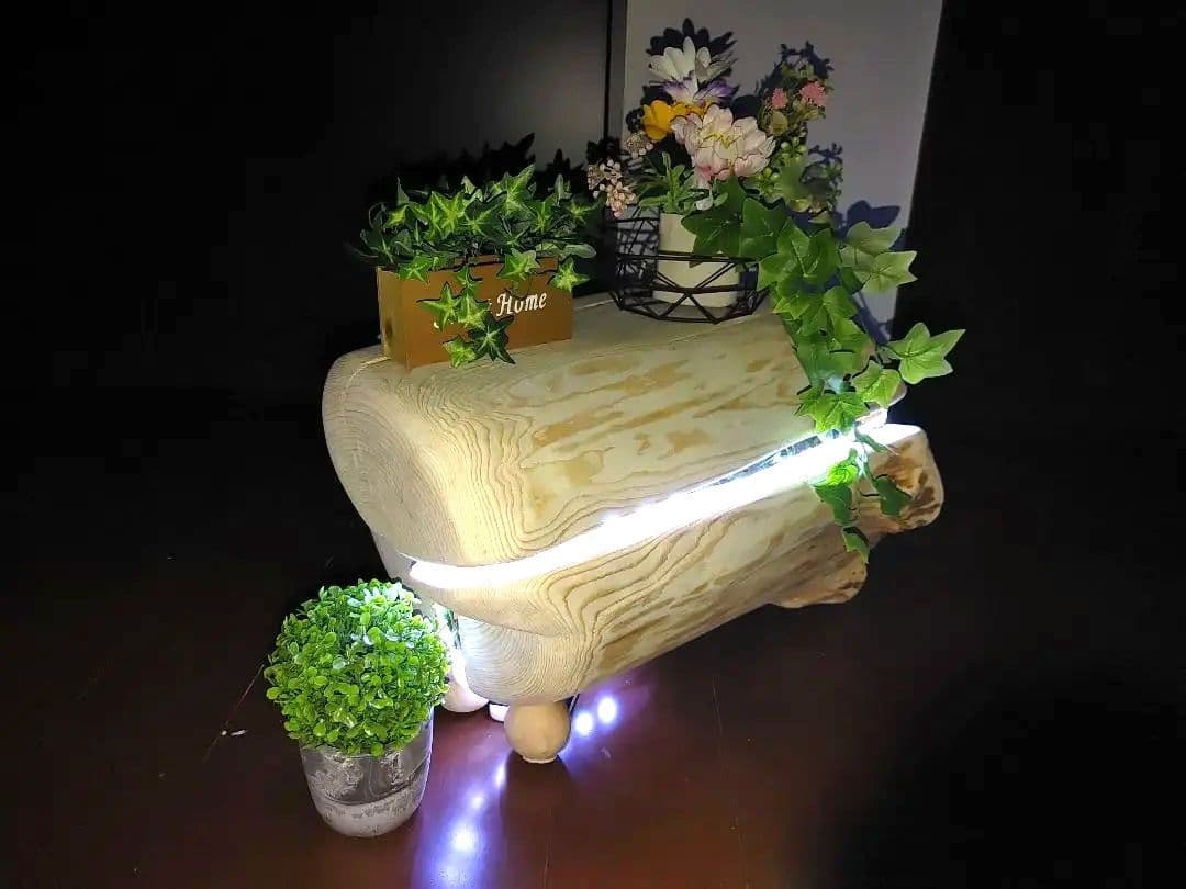 『限定価格』四国霊峰石鎚山産大型天然ひのき切り株ベンチ照明LEDライト付①ノ②