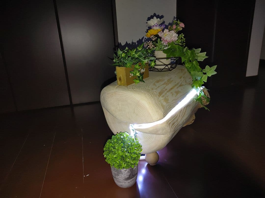 『限定価格』四国霊峰石鎚山産大型天然ひのき切り株ベンチ照明LEDライト付①ノ②