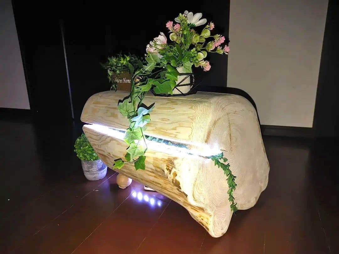 『限定価格』四国霊峰石鎚山産大型天然ひのき切り株ベンチ照明LEDライト付①ノ②
