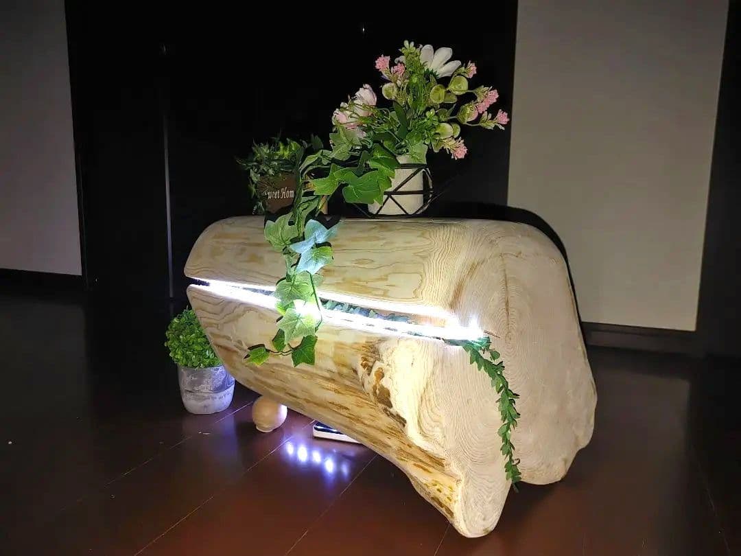 『限定価格』四国霊峰石鎚山産大型天然ひのき切り株ベンチ照明LEDライト付①ノ②