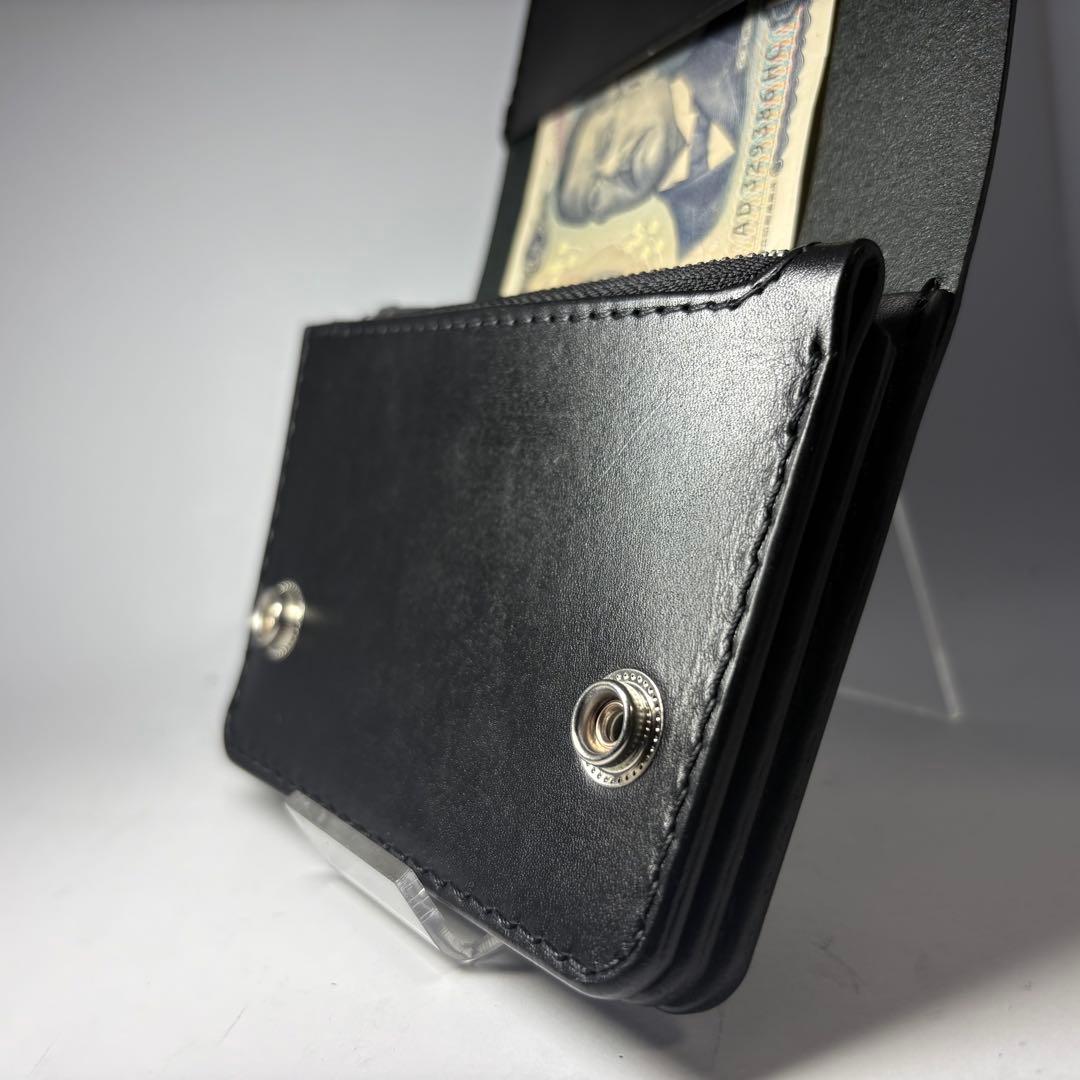 【本革】トラッカーウォレット　ショート3層　姫路レザー　ブラック　二つ折り財布