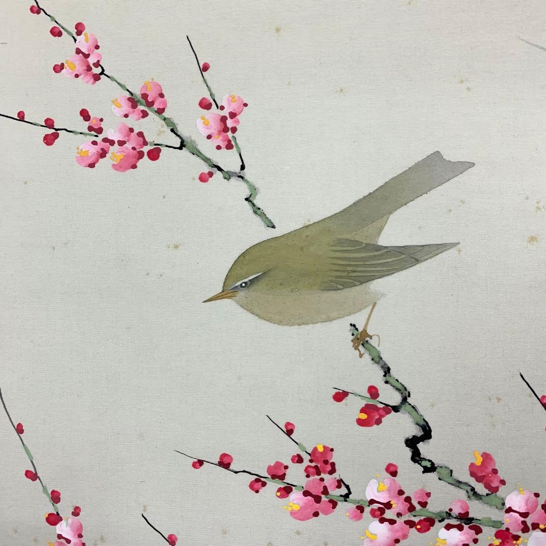 【掛軸】山田帆丘「梅花小禽」共箱 花鳥 紅白梅 鶯