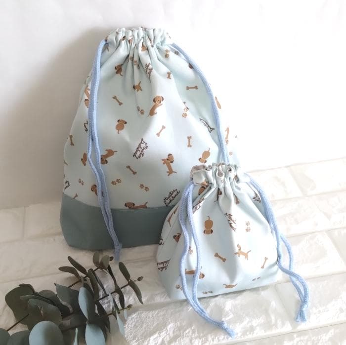 レッスンバッグ&上履き入れ&体操着袋・ミニチュアダックス・ブルー　＃n1406