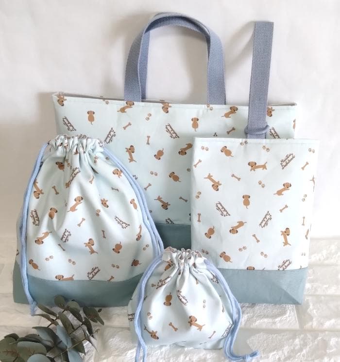 レッスンバッグ&上履き入れ&体操着袋・ミニチュアダックス・ブルー　＃n1406