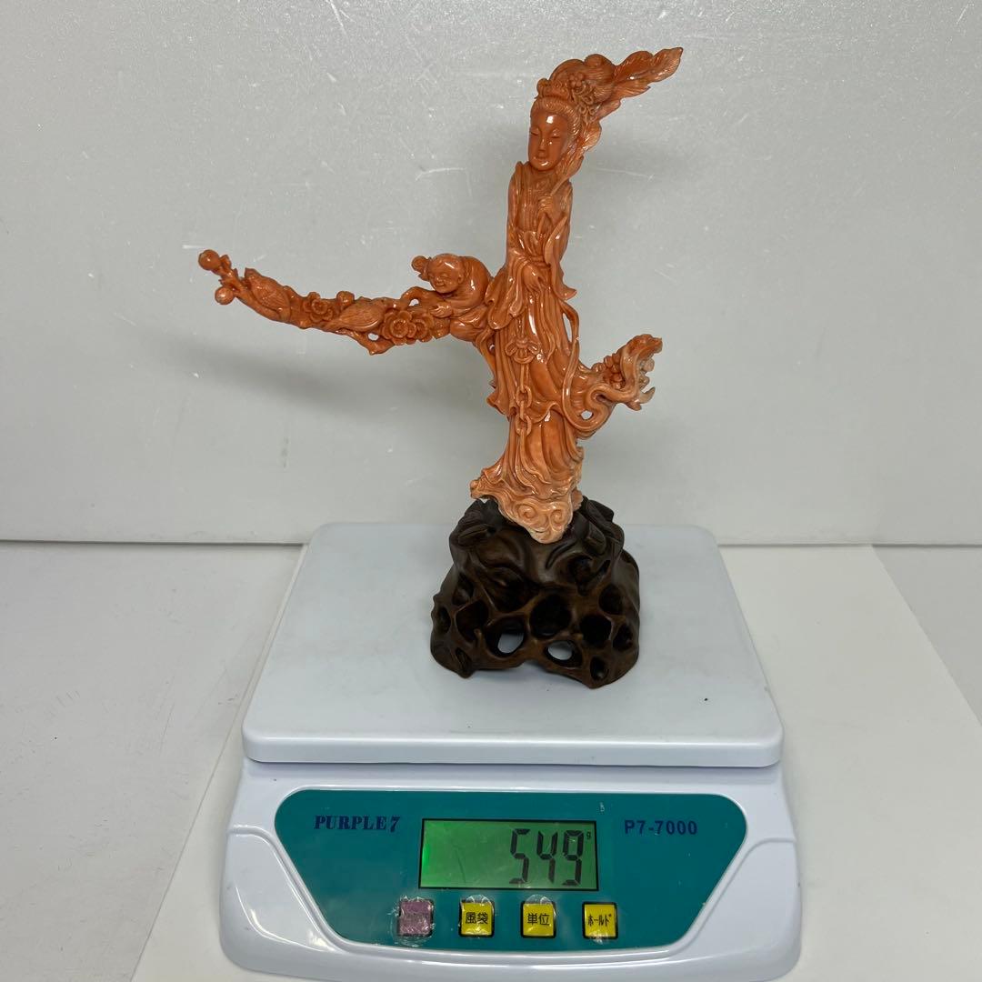 本赤珊瑚　特大観音像　549g 高さ25/幅約15cm 東K8-0315☆1F