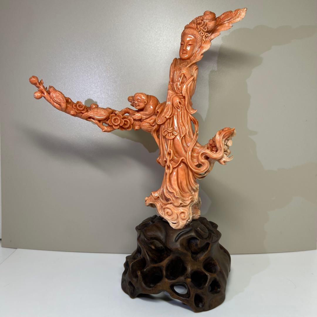 本赤珊瑚　特大観音像　549g 高さ25/幅約15cm 東K8-0315☆1F