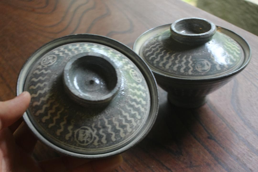 デッドストック！風情ある象嵌文様の映える三島手碗2点（検伊万里九谷お茶碗