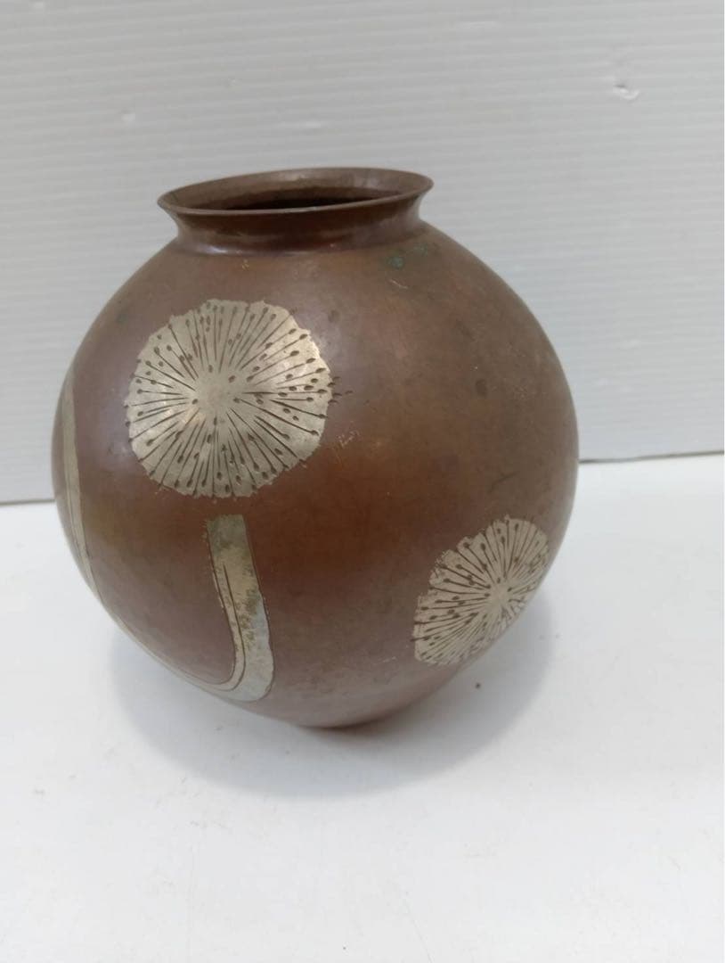 【希少/鳳山刻印】銅製 花瓶 たんぽぽ 蒲公英 槌目 伝統工芸 高岡銅器 壺
