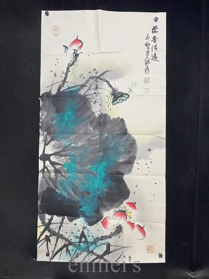 中国古美術『張大千款 荷花図』宣紙画芯 模写 水墨花鳥画 肉筆 書画 旧蔵 掛軸