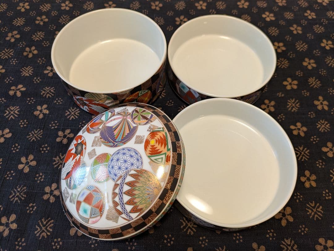 【美品】美濃焼 前畑陶器 庫山窯 色絵手まり 三段重 蓋付き