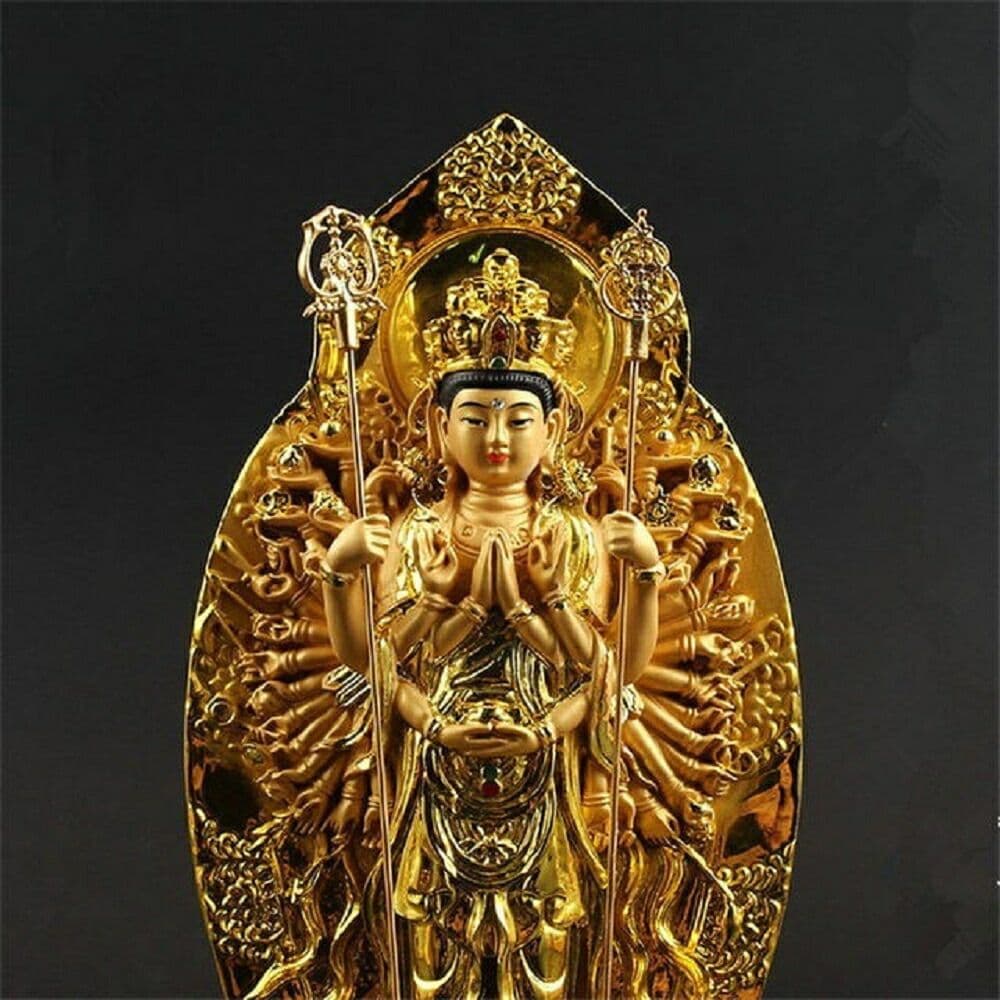 置物 黄金 千手観音菩薩 杖 両手 風水 置物 仏像 風水グッズ 観音