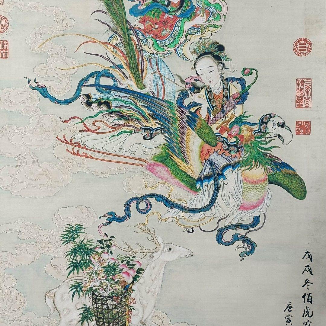 中国掛軸 唐寅 献寿図 中堂 掛け軸 中国画 吉祥画 インテリア