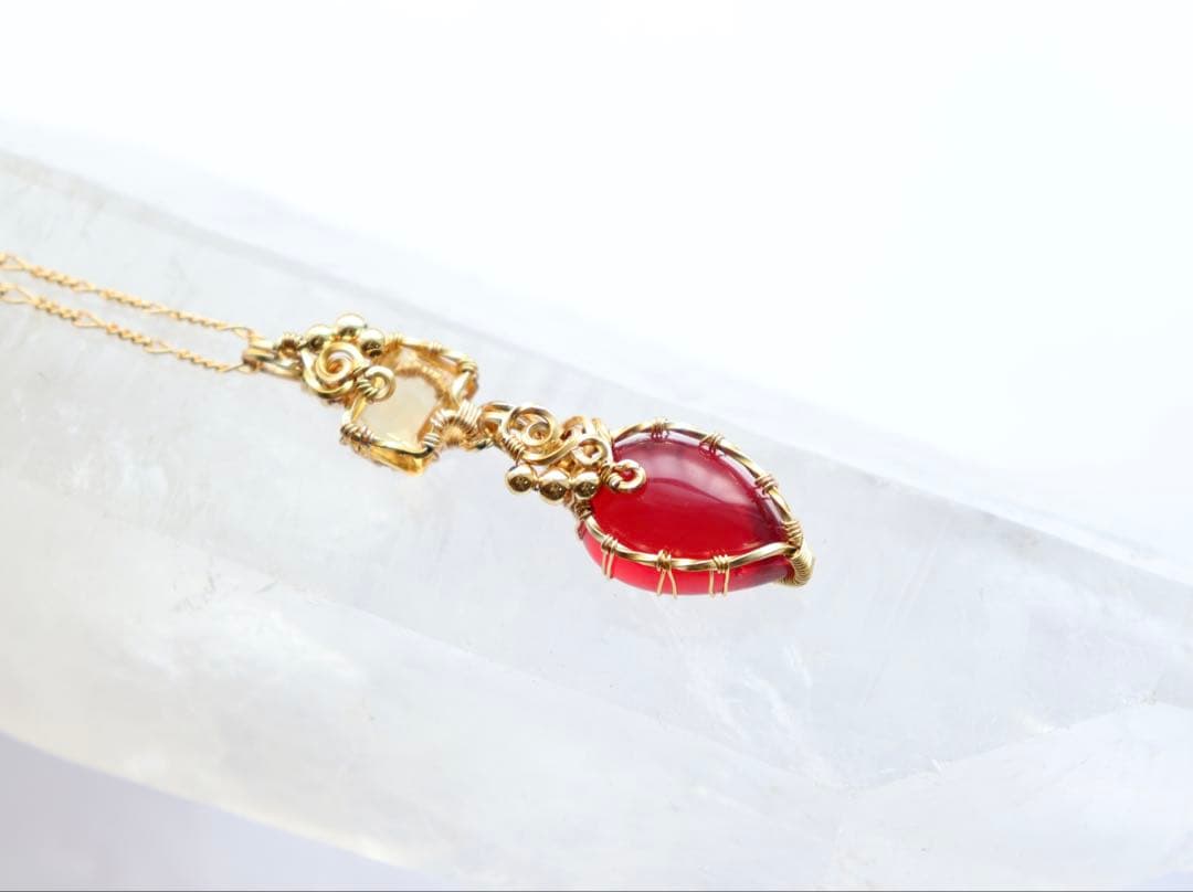 アンダラクリスタルとシトリンのワイヤージュエリーネックレス✧レッド ペンダント