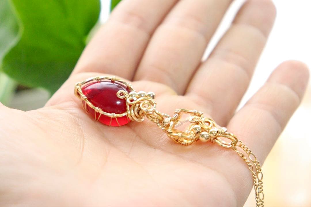 アンダラクリスタルとシトリンのワイヤージュエリーネックレス✧レッド ペンダント