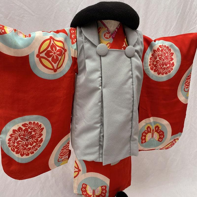 507ag31◎七五三 三歳 女の子 アンティーク着物&被布&半襦袢 丸文◎